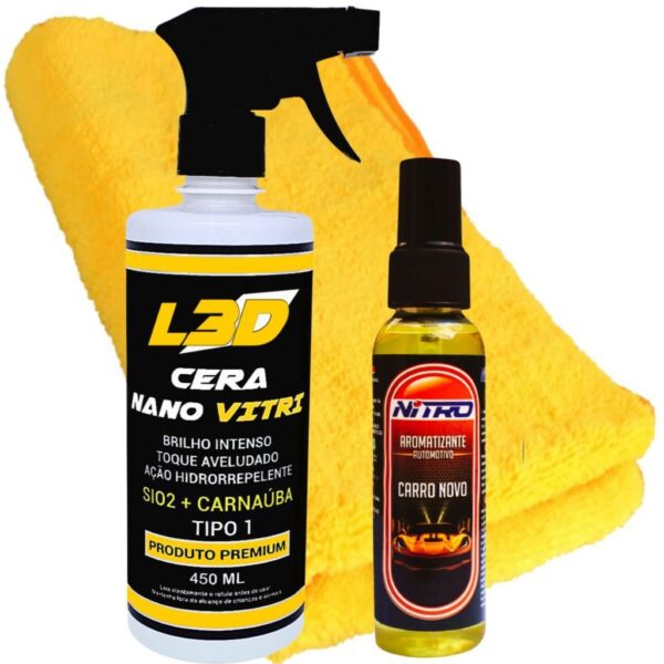 Cera Automotiva L3D Com Aromatizante Spray CARRO NOVO e Flanela De Microfibra