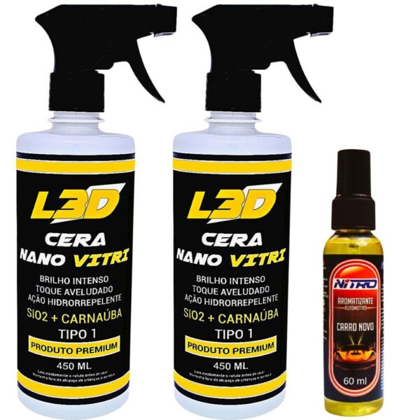 2 Ceras Cristalizadora L3D + 1 Aromatizante Spray Aroma Carro Novo