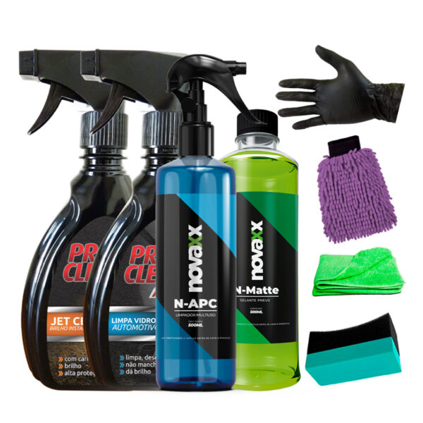 KIT CERA AUTOMOTIVA CARNAÚBA SPRAY LIMPADOR BACTERICIDA LIMPA PAINEL PNEU PRETINHO CONCENTRADO GEL LIMPA VIDROS